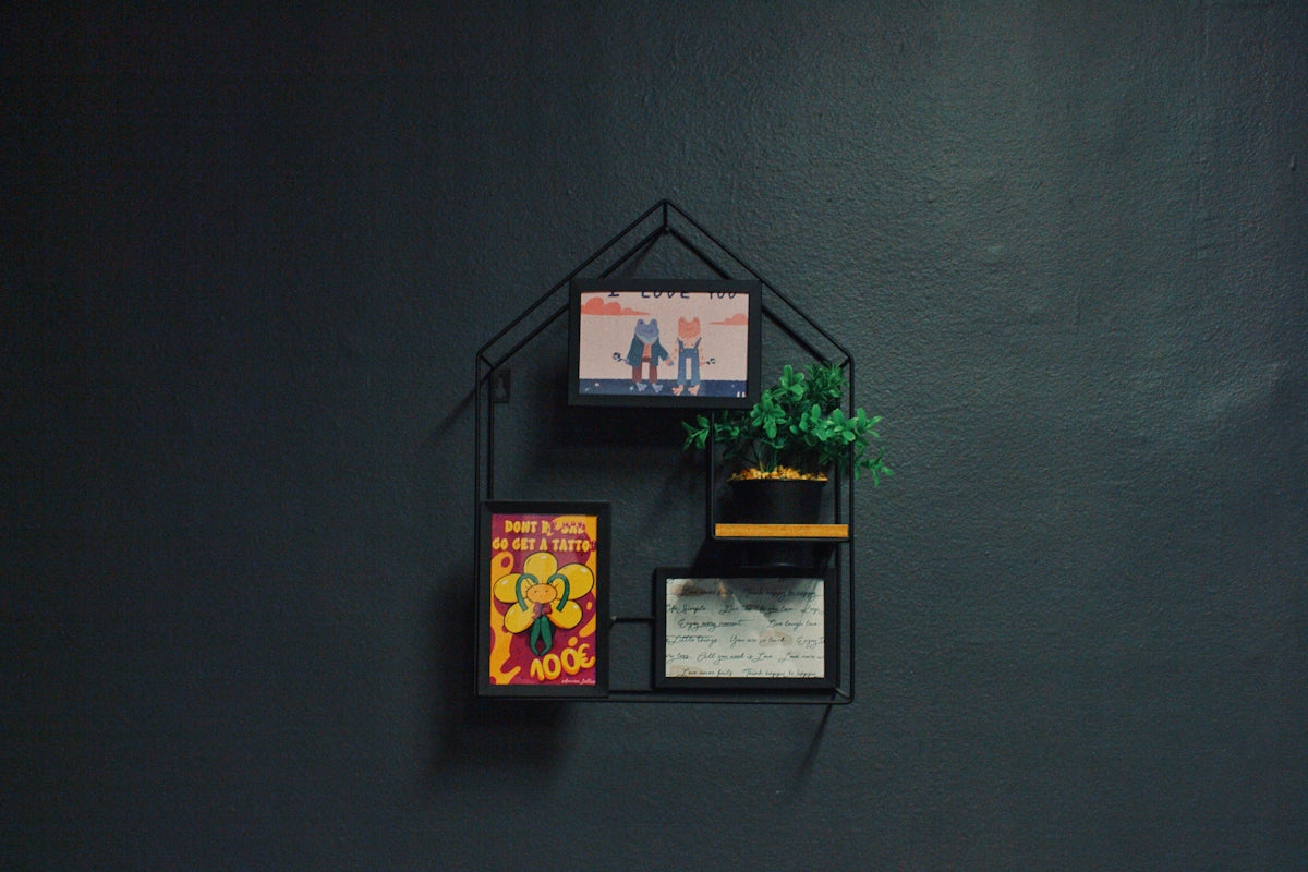 a wall mounted shelf with a potted plant on top of it