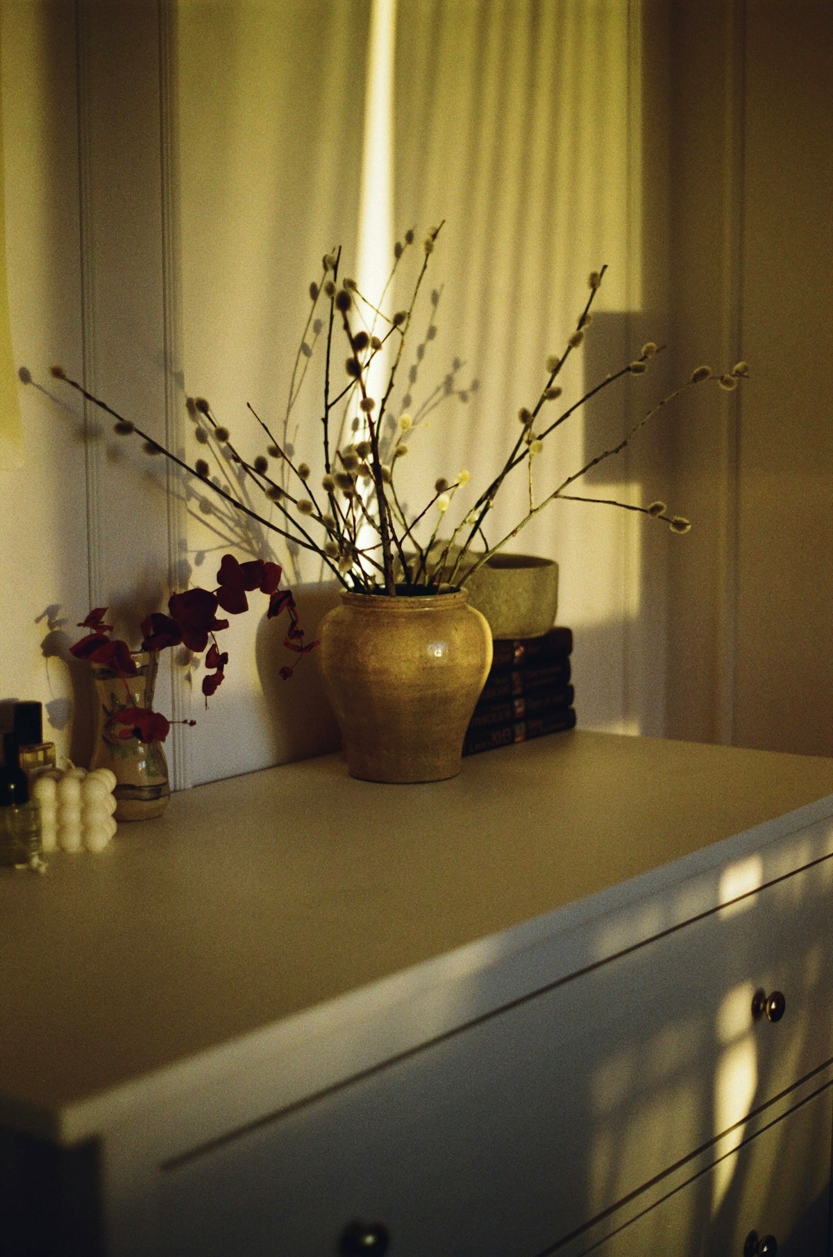 a vase filled with flowers sitting on top of a dresser