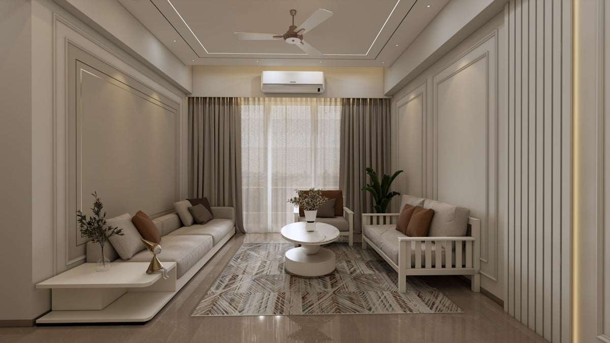 Modern living room with neutral colors and elegant design.