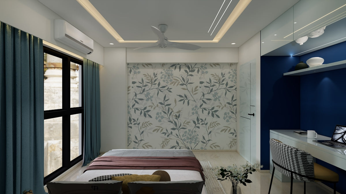 A modern bedroom features sleek design and decor.