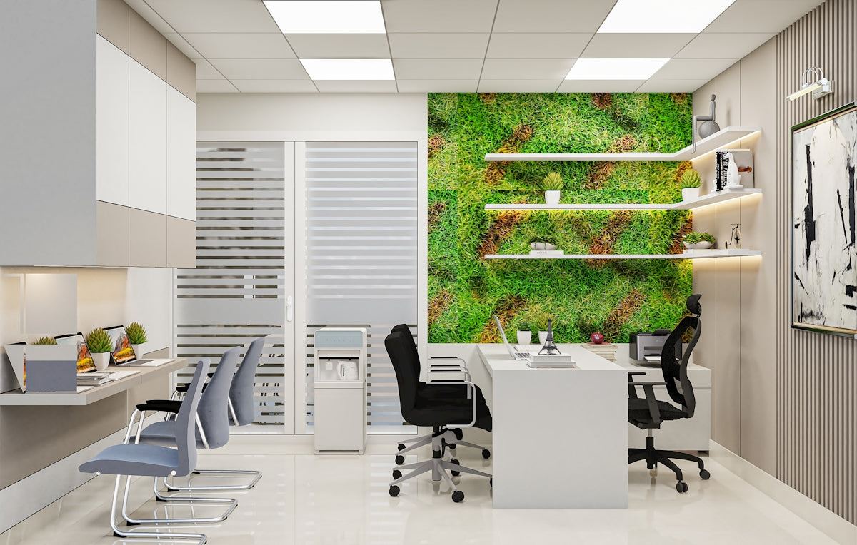 A modern office space with green wall and desks.