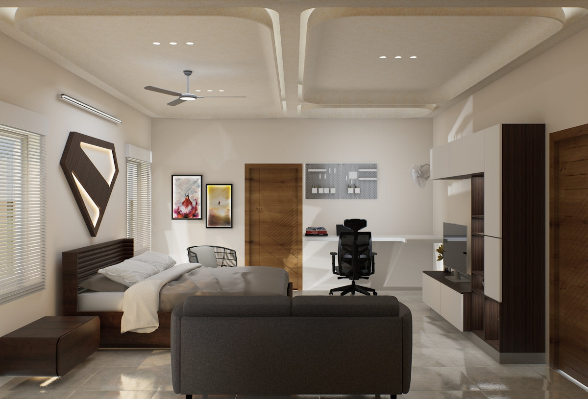 Modern and cozy bedroom with a workstation.
