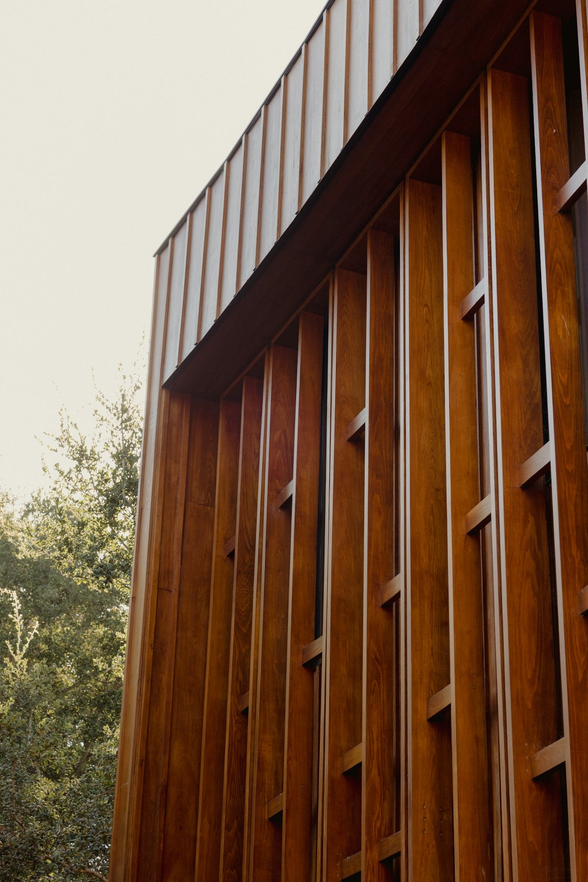 Modern wooden building facade with vertical slats