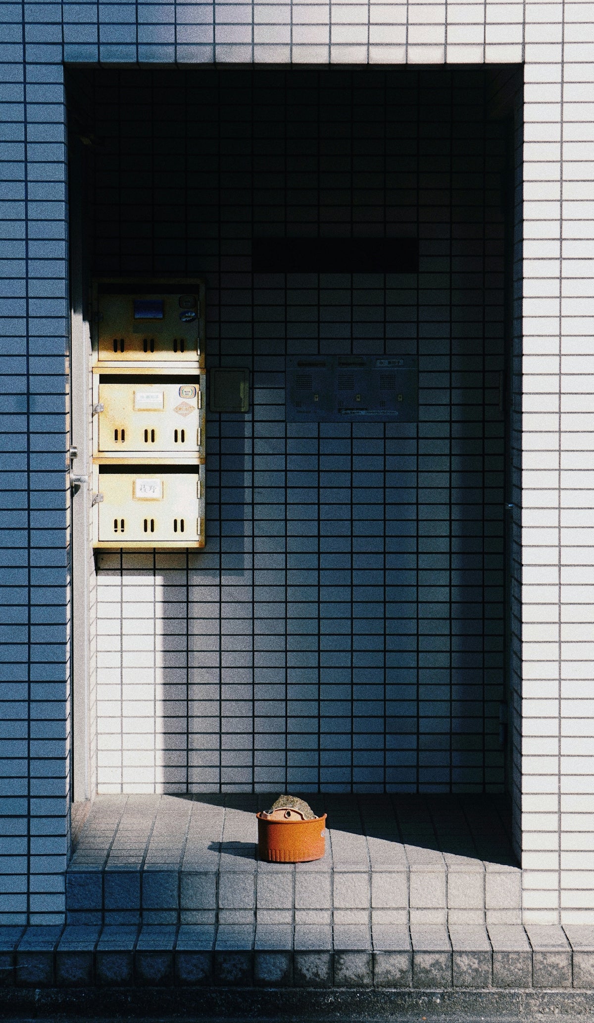 A small cat peeks out of an orange pot.