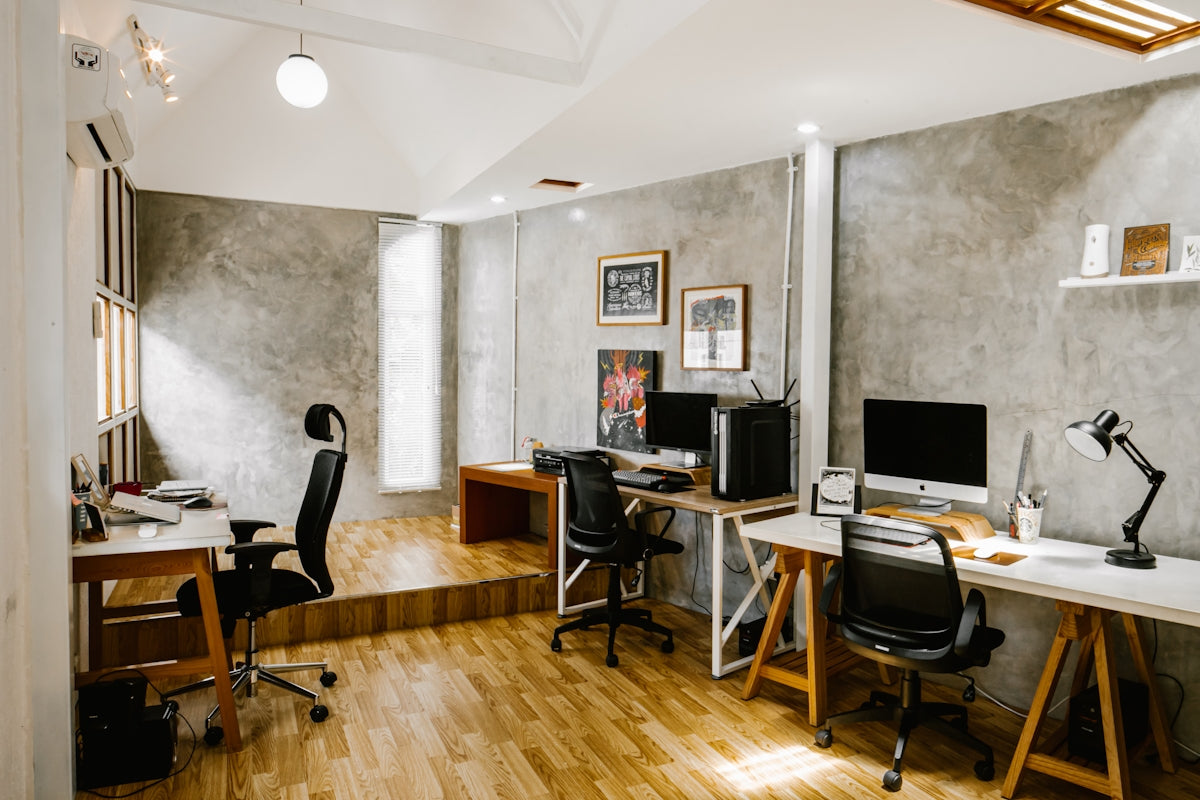 Modern office space with desks and computers