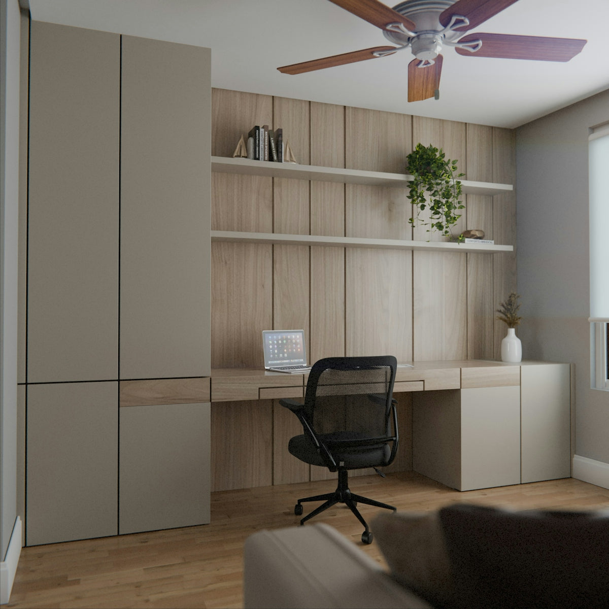 Modern home office with built-in desk and storage.