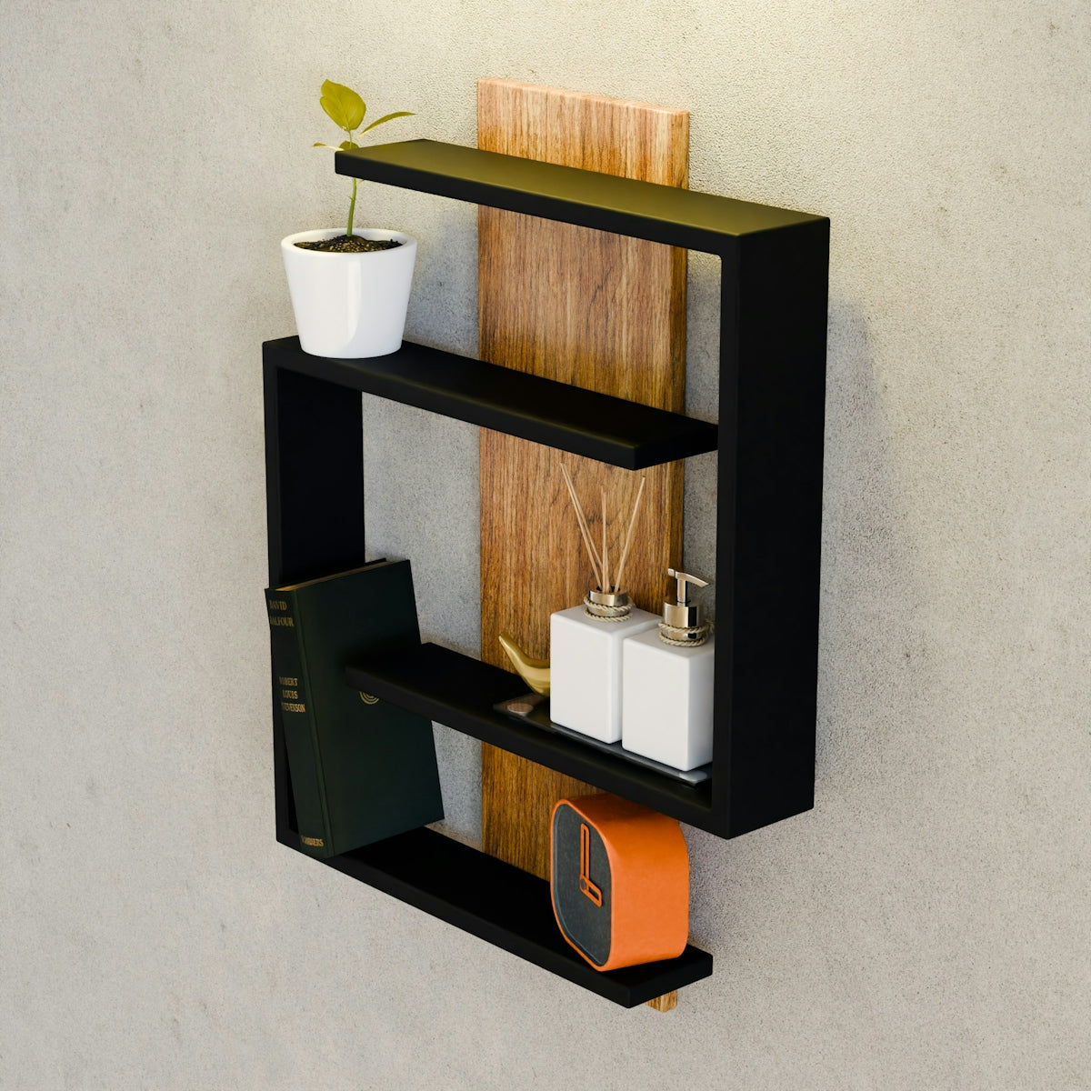 Modern black shelf with decor on wall