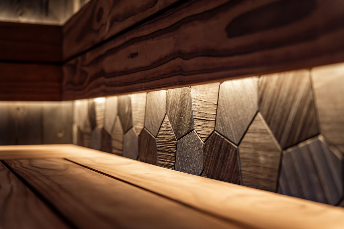 Wooden wall with geometric pattern and soft lighting