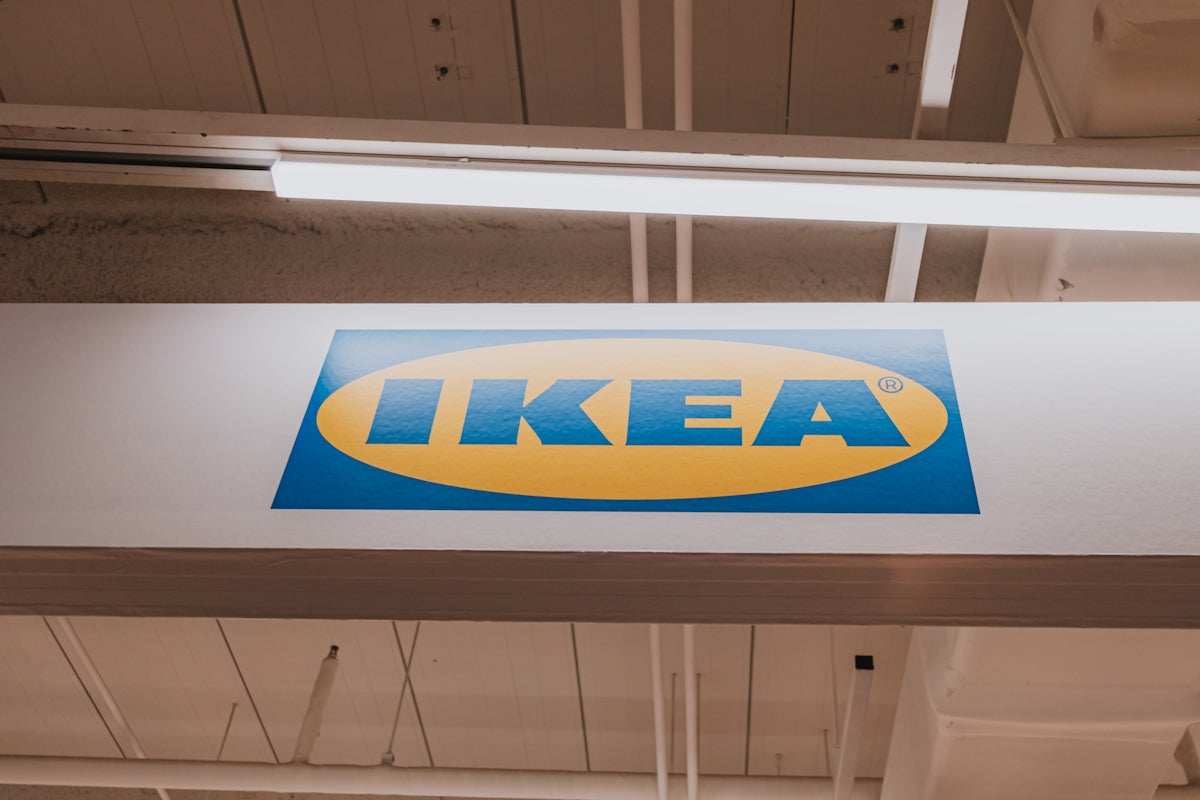 The ikea logo is displayed on a white beam.