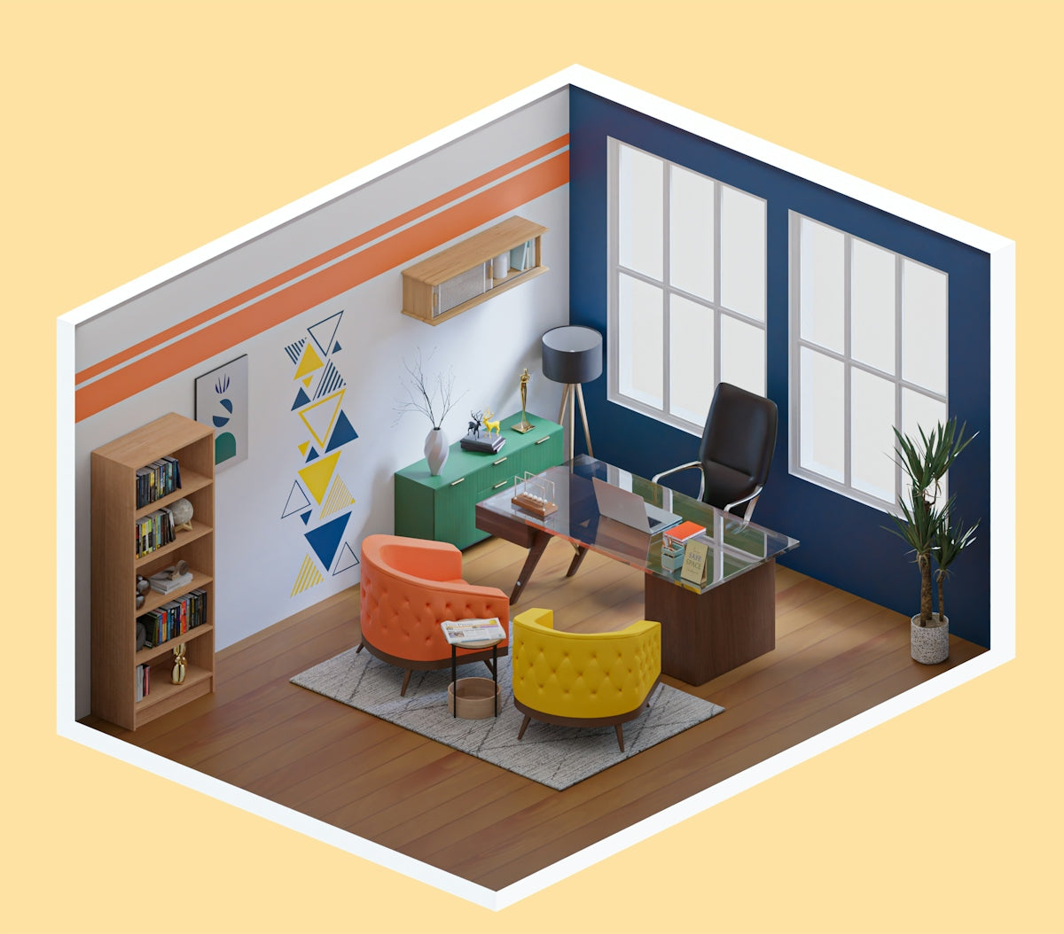 Modern office with colorful chairs and large windows