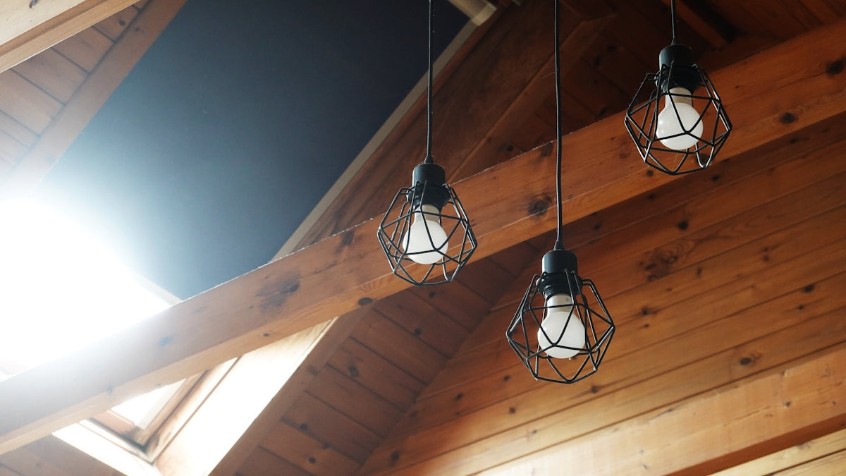 Three industrial pendant lights hang indoors.