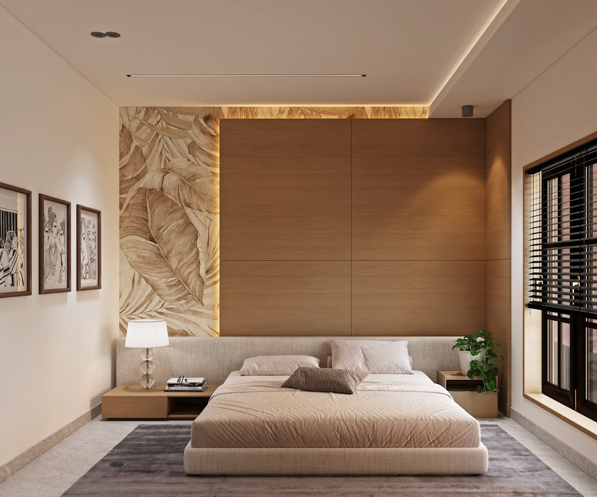 Modern bedroom with a large bed, textured wall, and window.
