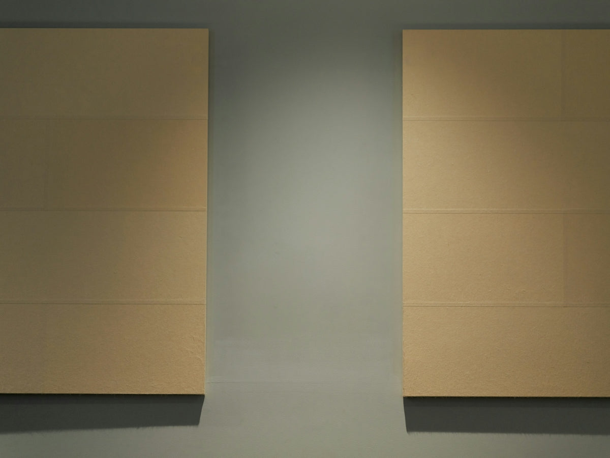 Two light brown panels on a gray wall with spotlight.