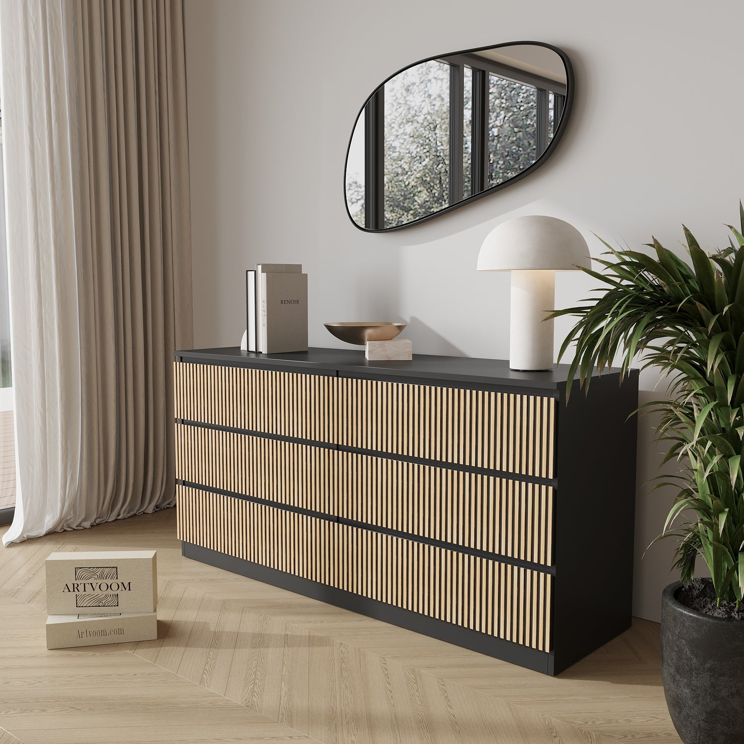 Overlay wooden panels for decorating ikea koppang dresser with pattern