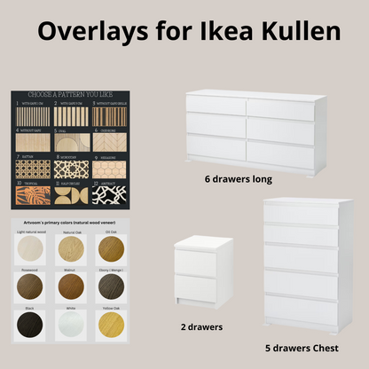 Overlay wooden panels for decorating ikea kullen dresser witn pattern