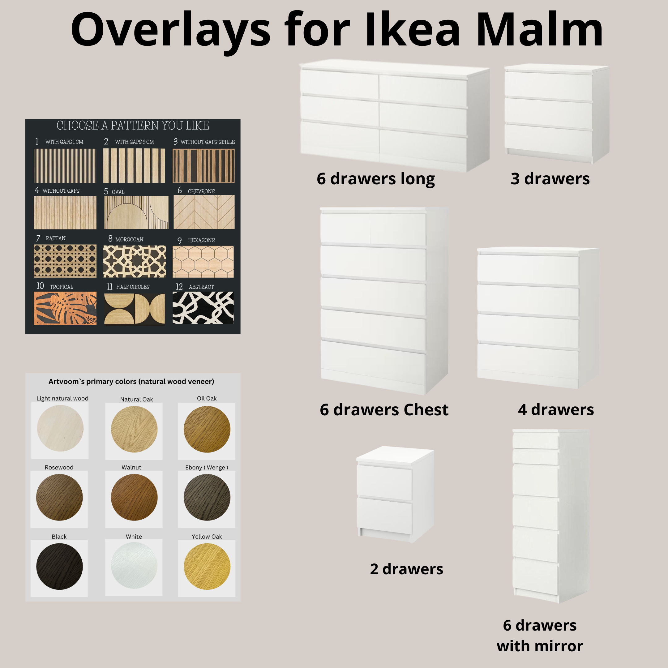 Overlay wooden slats panels for decorating ikea malm dresser 1 cm width