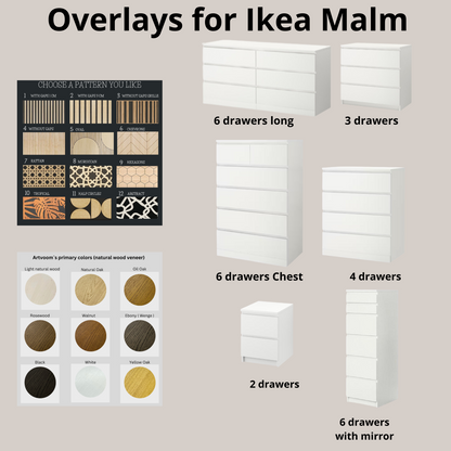 Overlay wooden panels for decorating ikea malm dresser with pattern