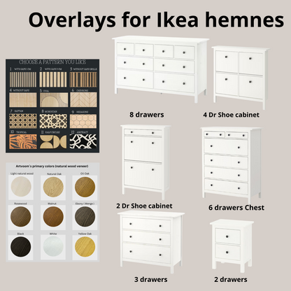 Overlay wooden slats panels for decorating ikea hemnes dresser with pattern