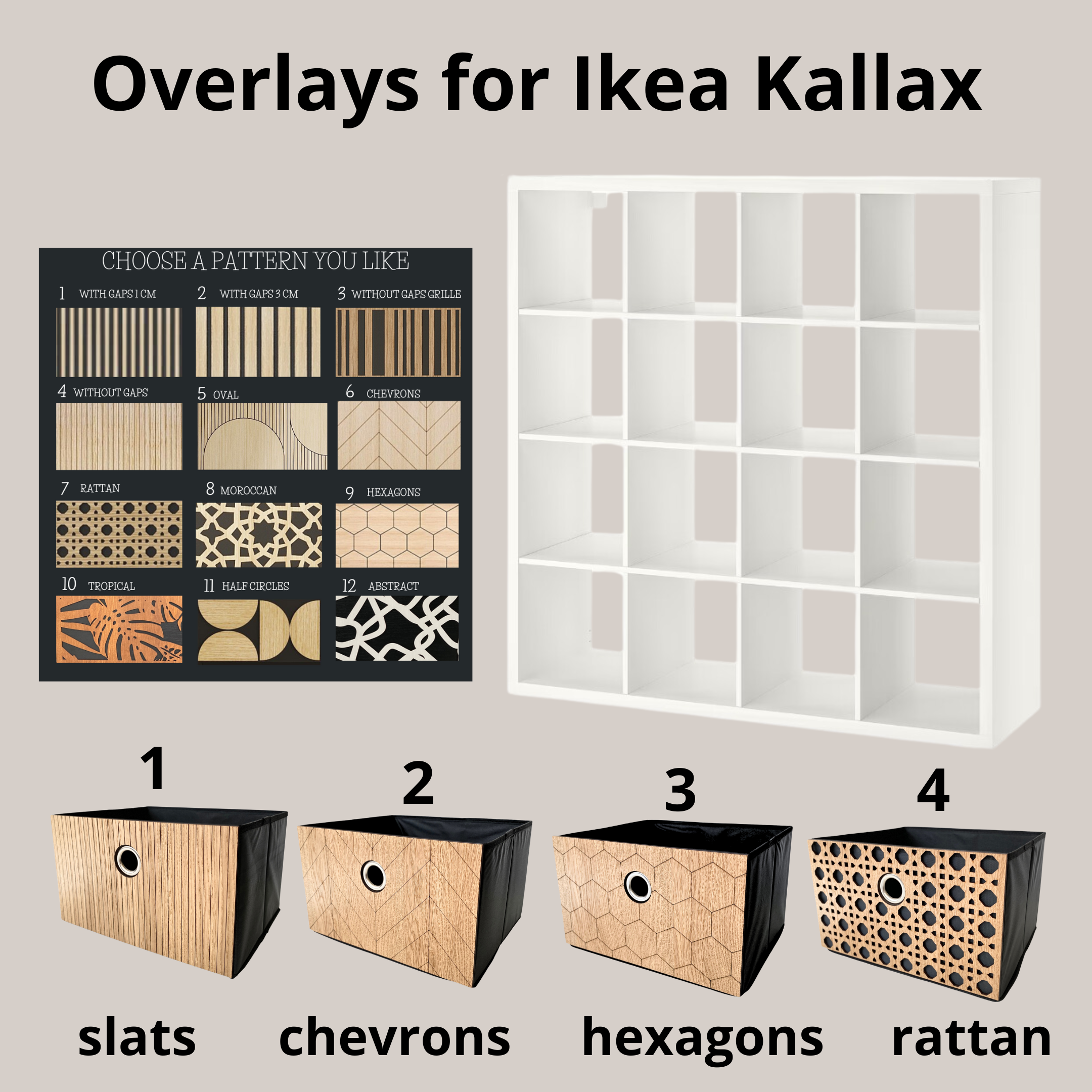 Box and basket for ikea kallax storage with dacorative wooden overlays