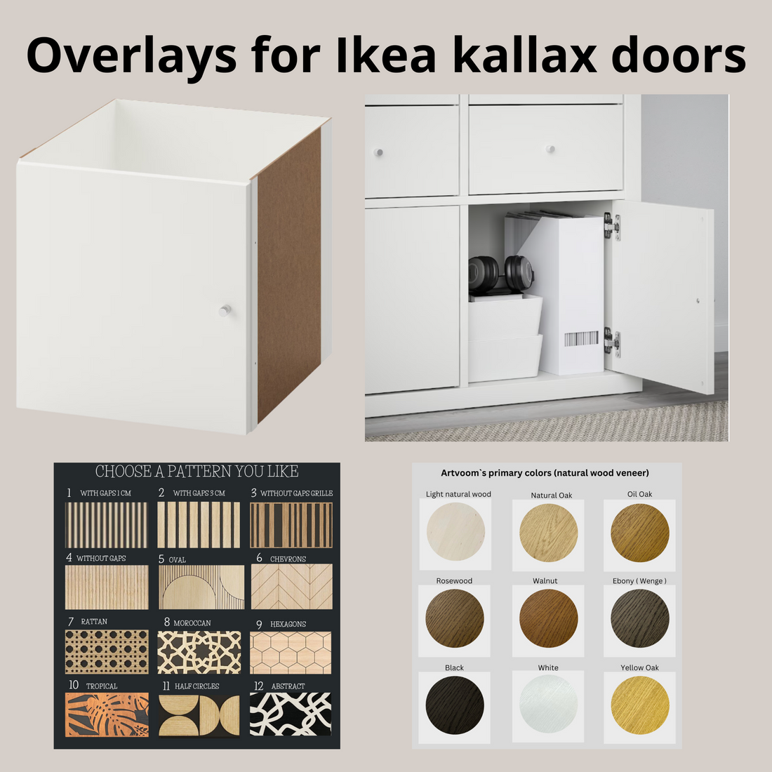 Overlay wooden panels for decorating ikea kallax doors and drawers with pattern