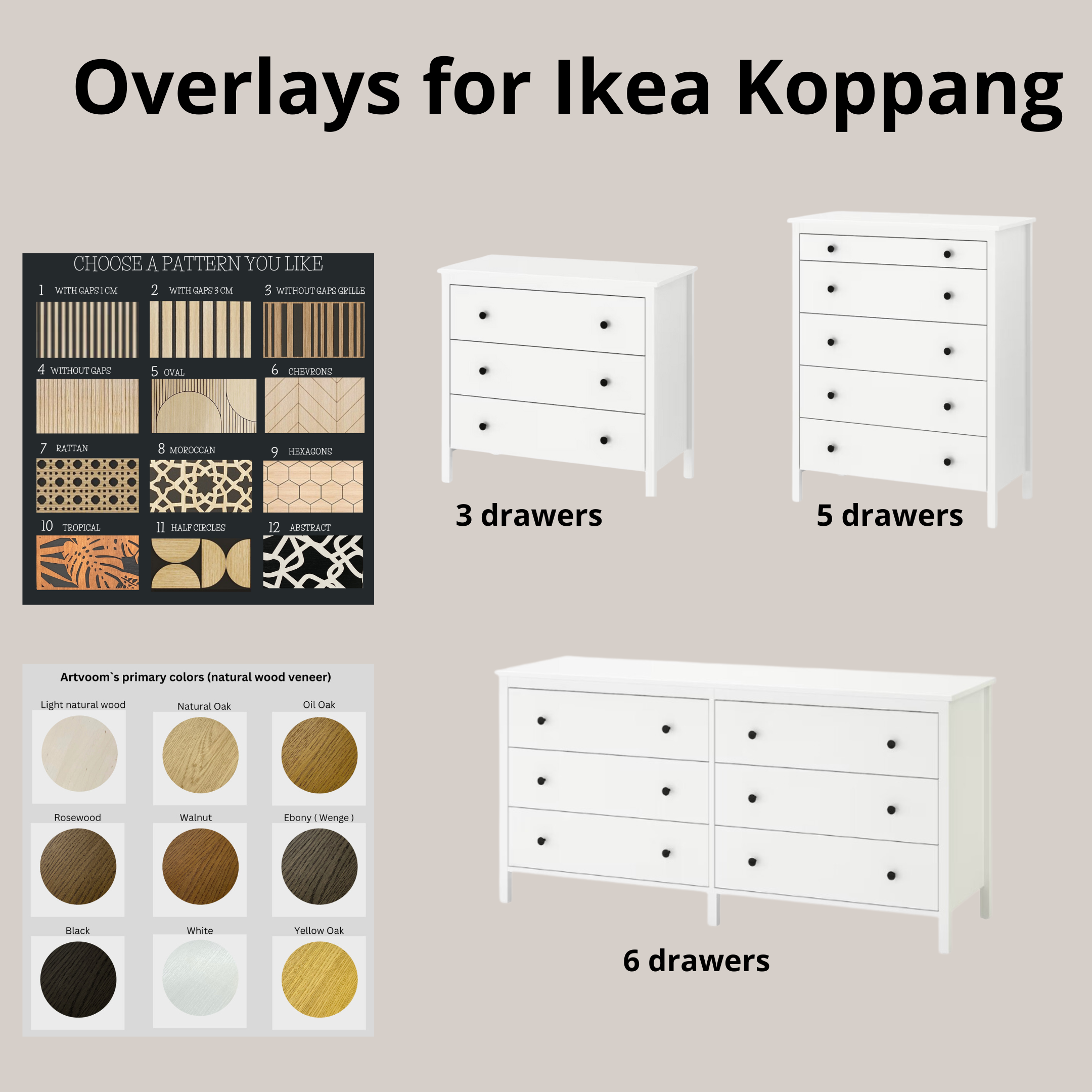 Overlay wooden panels for decorating ikea koppang dresser with pattern