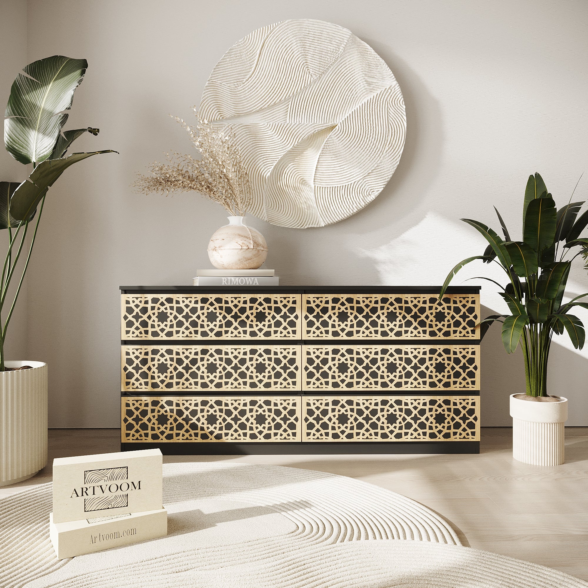 Overlay wooden panels for decorating ikea kullen dresser witn pattern