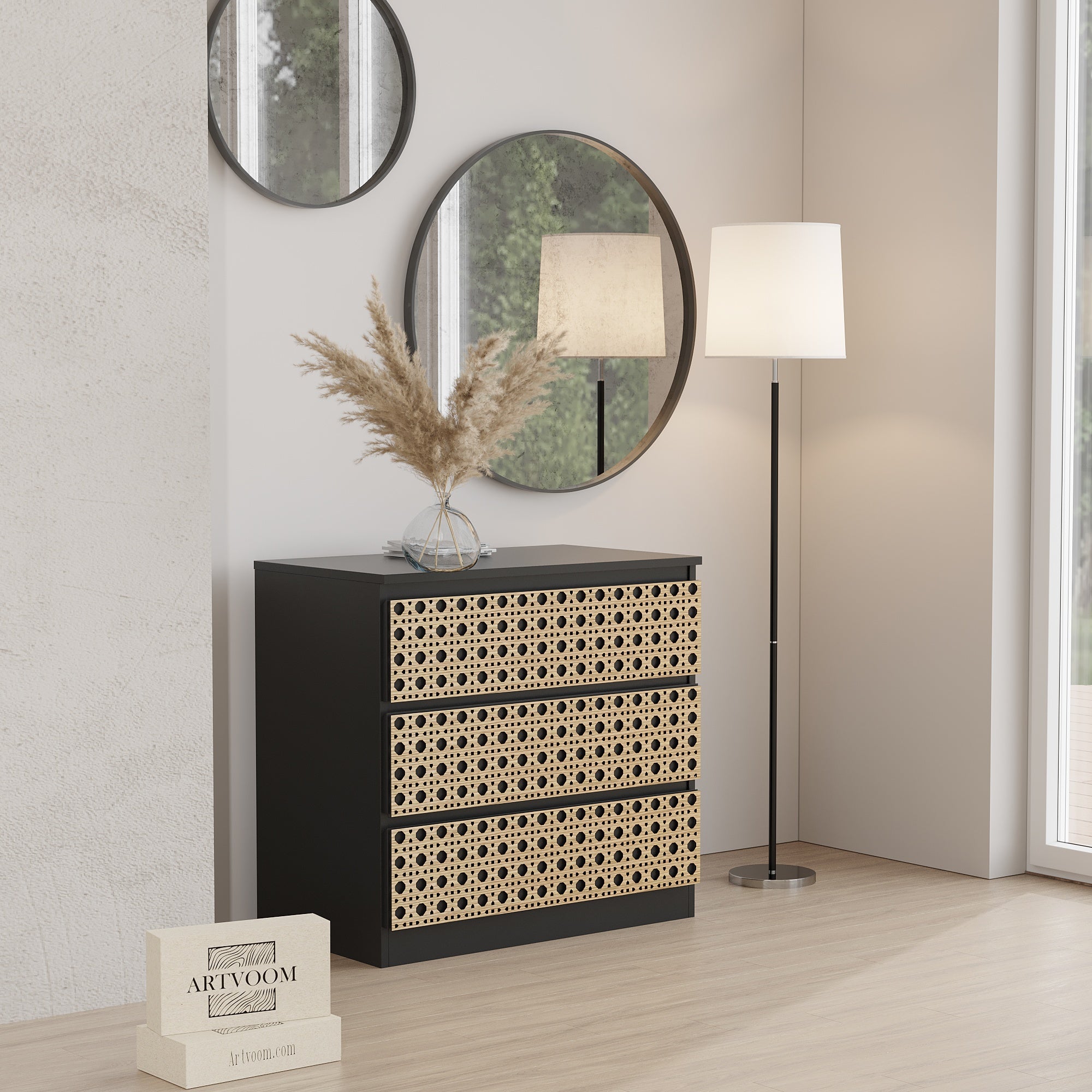 Wooden Malm dresser overlays with Rattan Pattern, wooden decals for furniture drawers - Artvoom