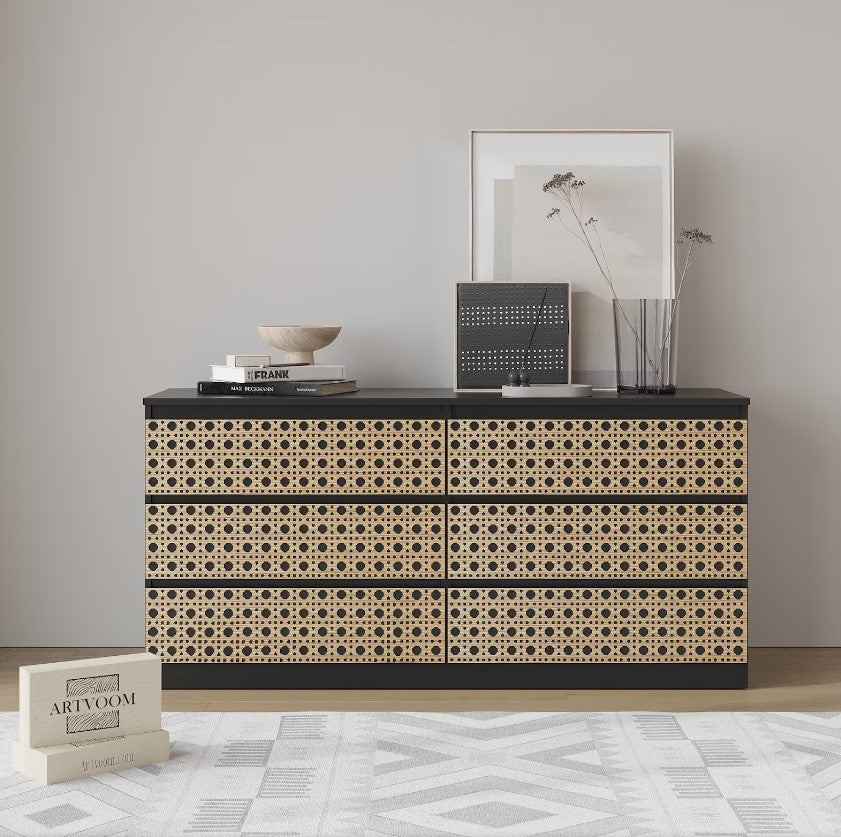 Wooden Malm dresser overlays with Rattan Pattern, wooden decals for furniture drawers - Artvoom