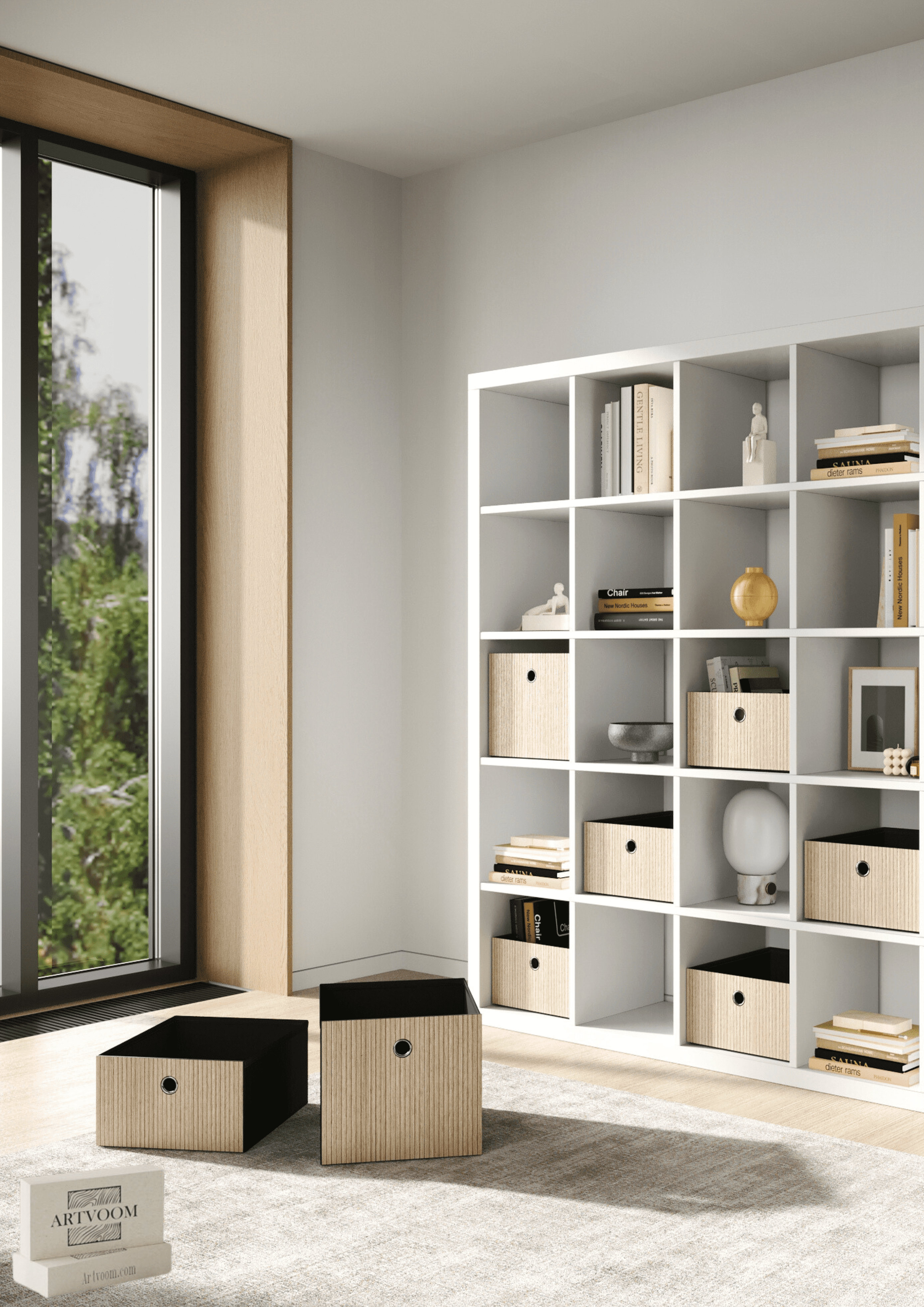 Box and basket for ikea kallax storage with dacorative wooden overlays - Artvoom