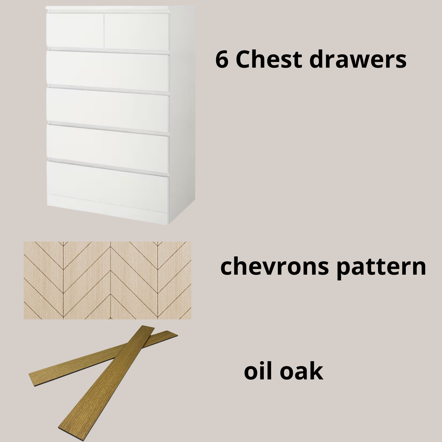 Wooden Malm dresser overlays with chevron or herringbone pattern, wooden decals for furniture drawers - Artvoom