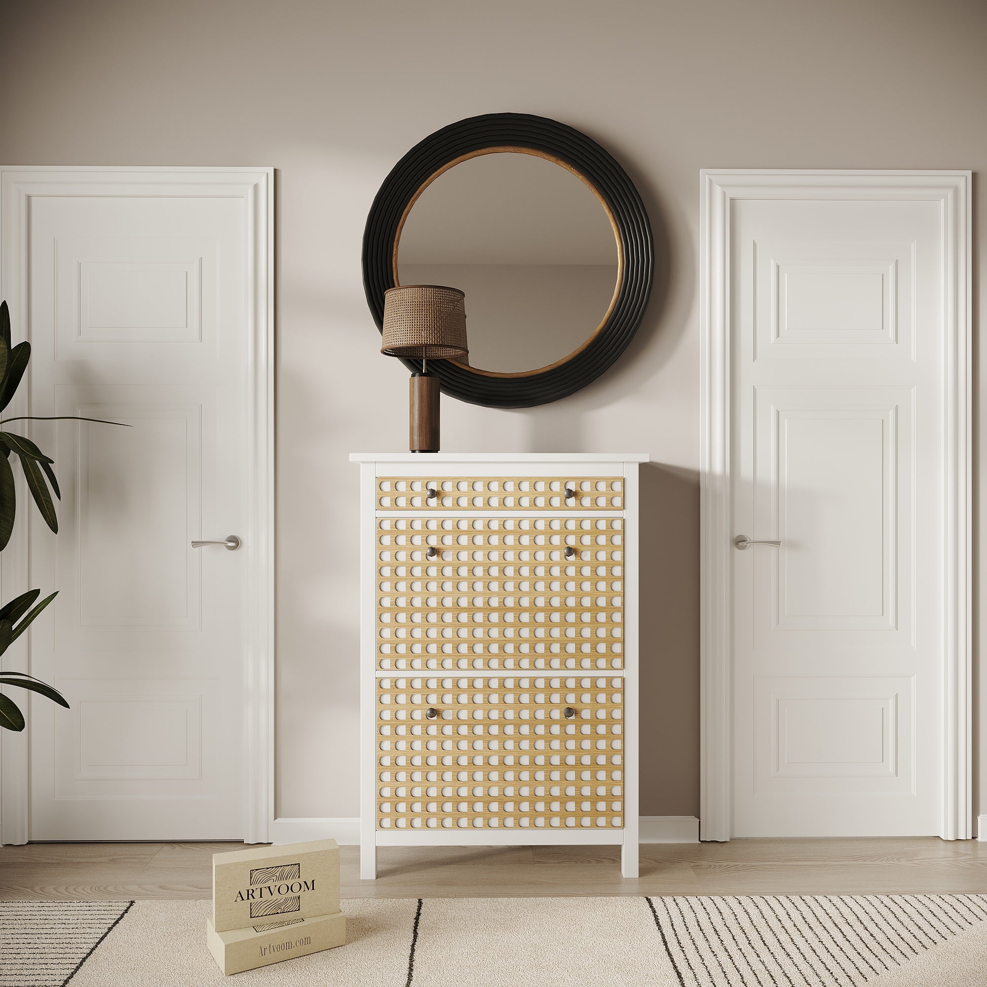 Overlay wooden panels for decorating ikea nordi dresser with pattern