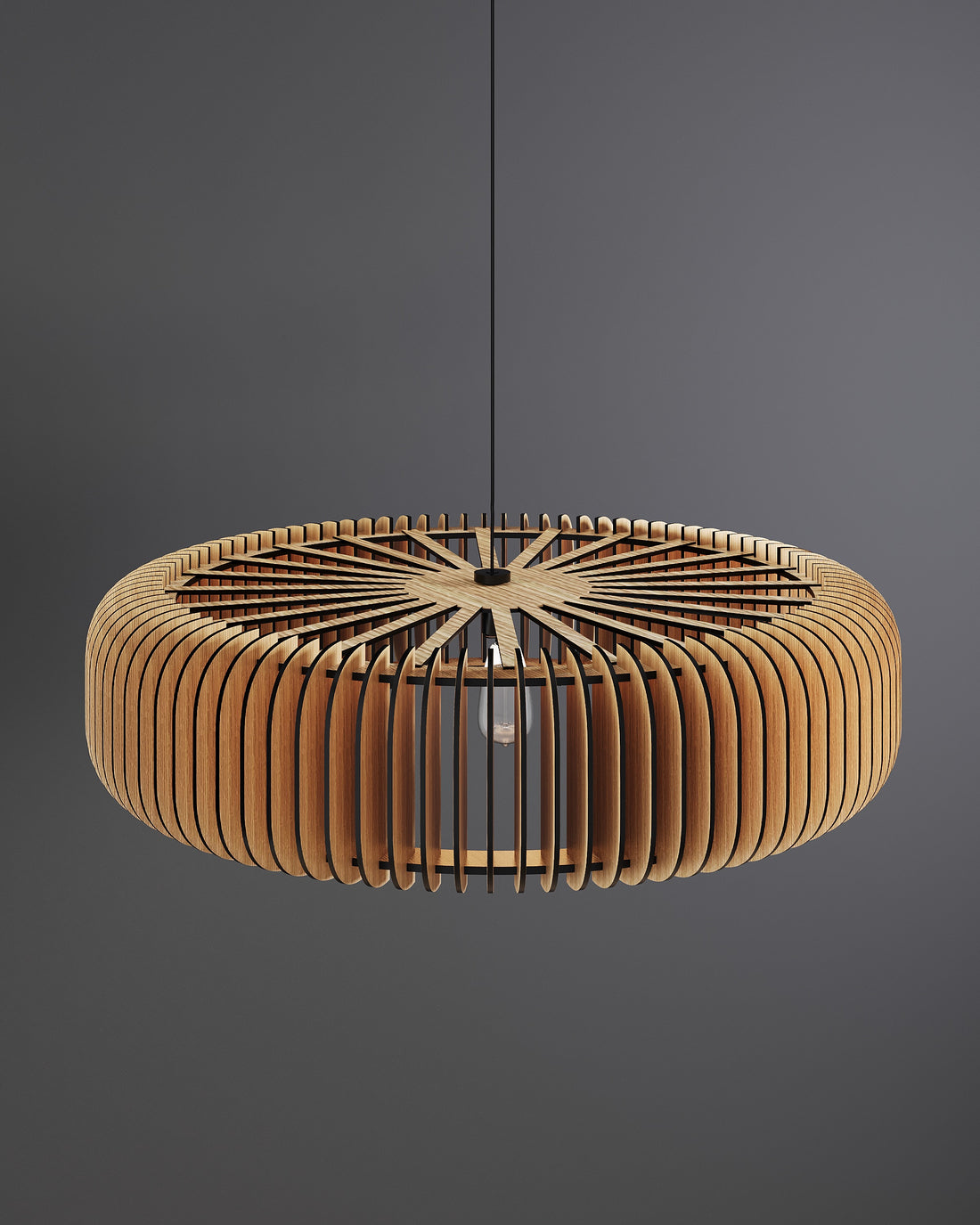 Wooden round pendant lamp made of slats (rounded corners)