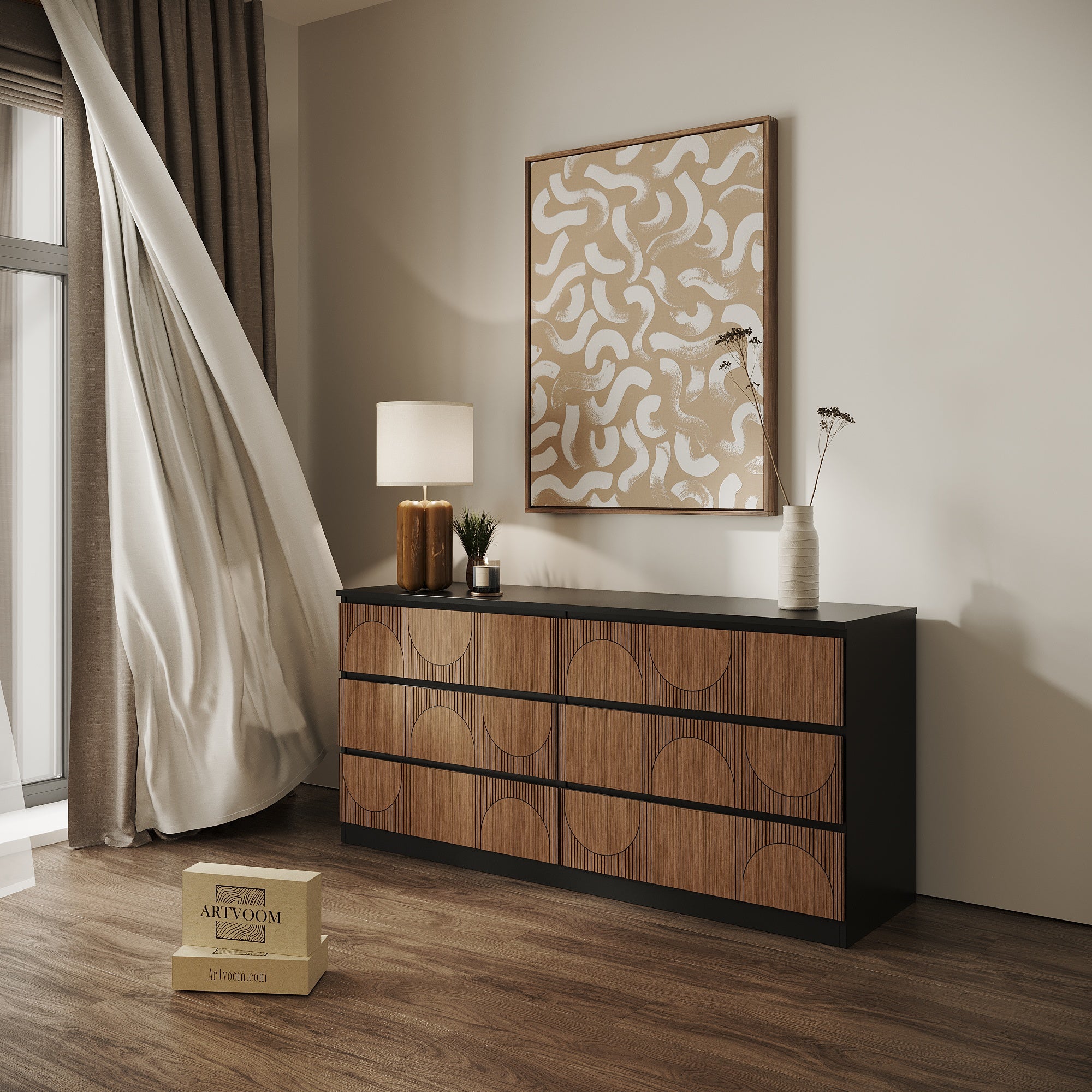 Overlay wooden slats panels for decorating ikea besta dresser with pattern