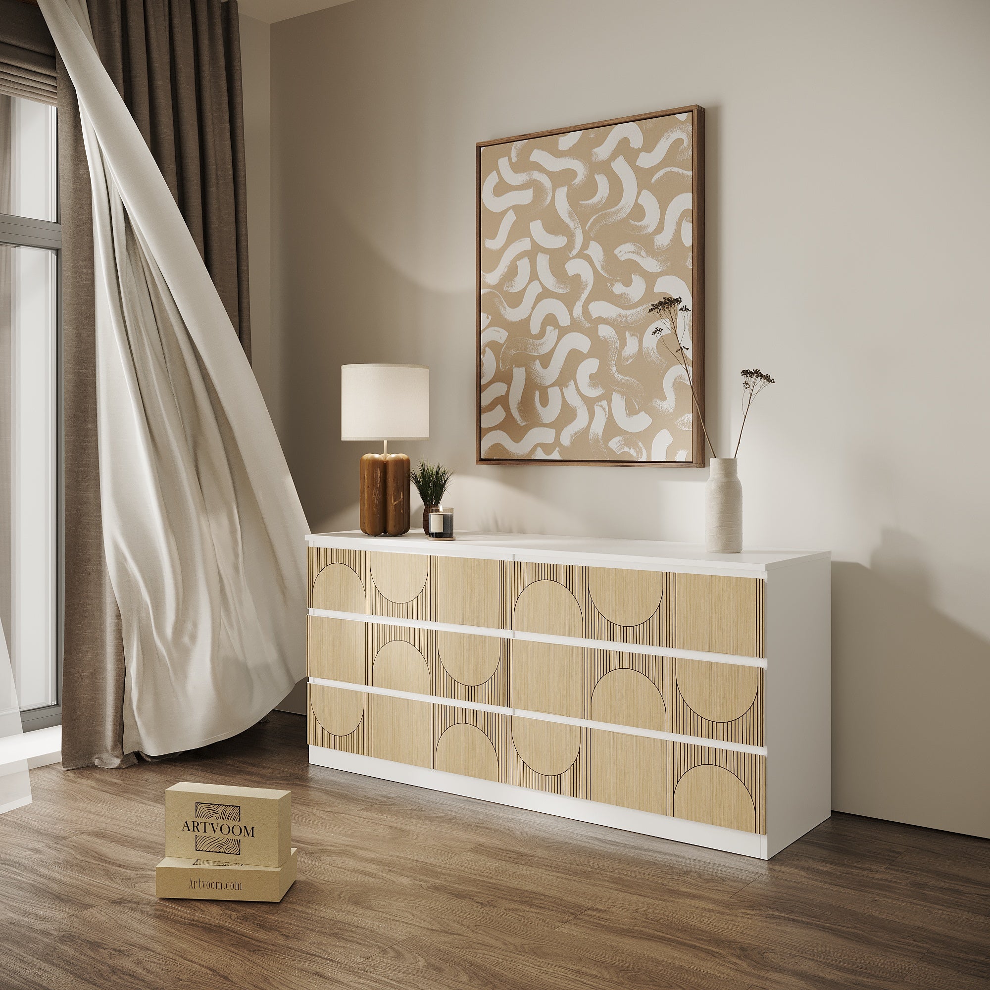 Overlay wooden panels for decorating ikea malm dresser with oval pattern