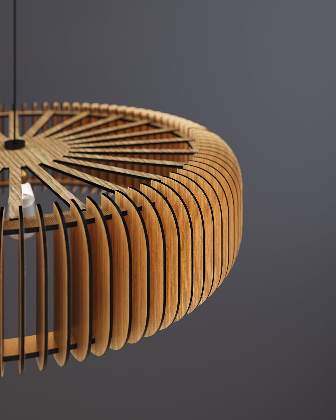 Wooden round pendant lamp made of slats (rounded corners)