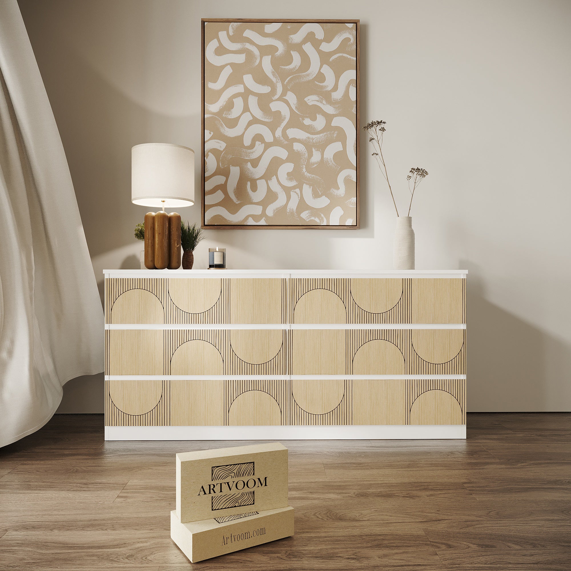 Overlay wooden panels for decorating ikea malm dresser with oval pattern