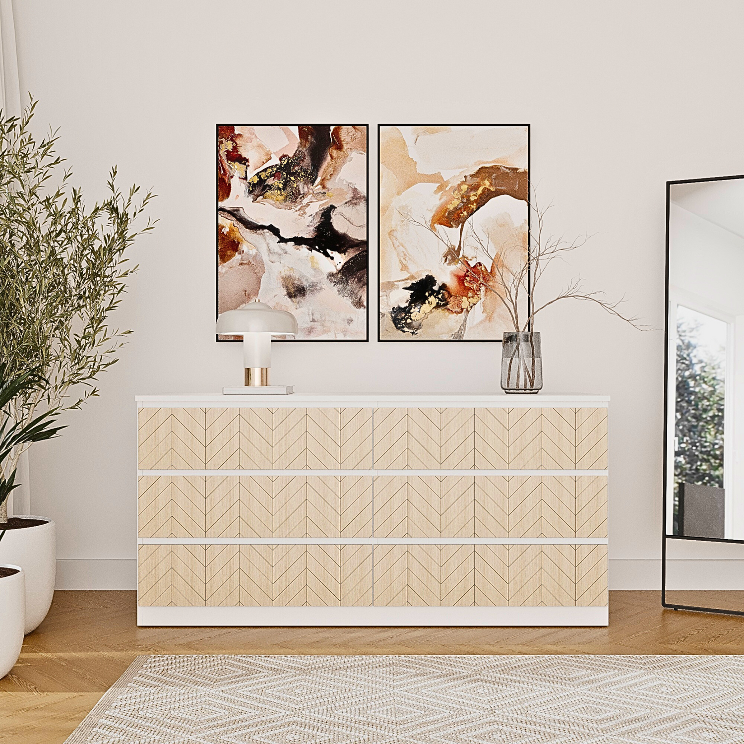 Overlay wooden slats panels for decorating ikea besta dresser with pattern