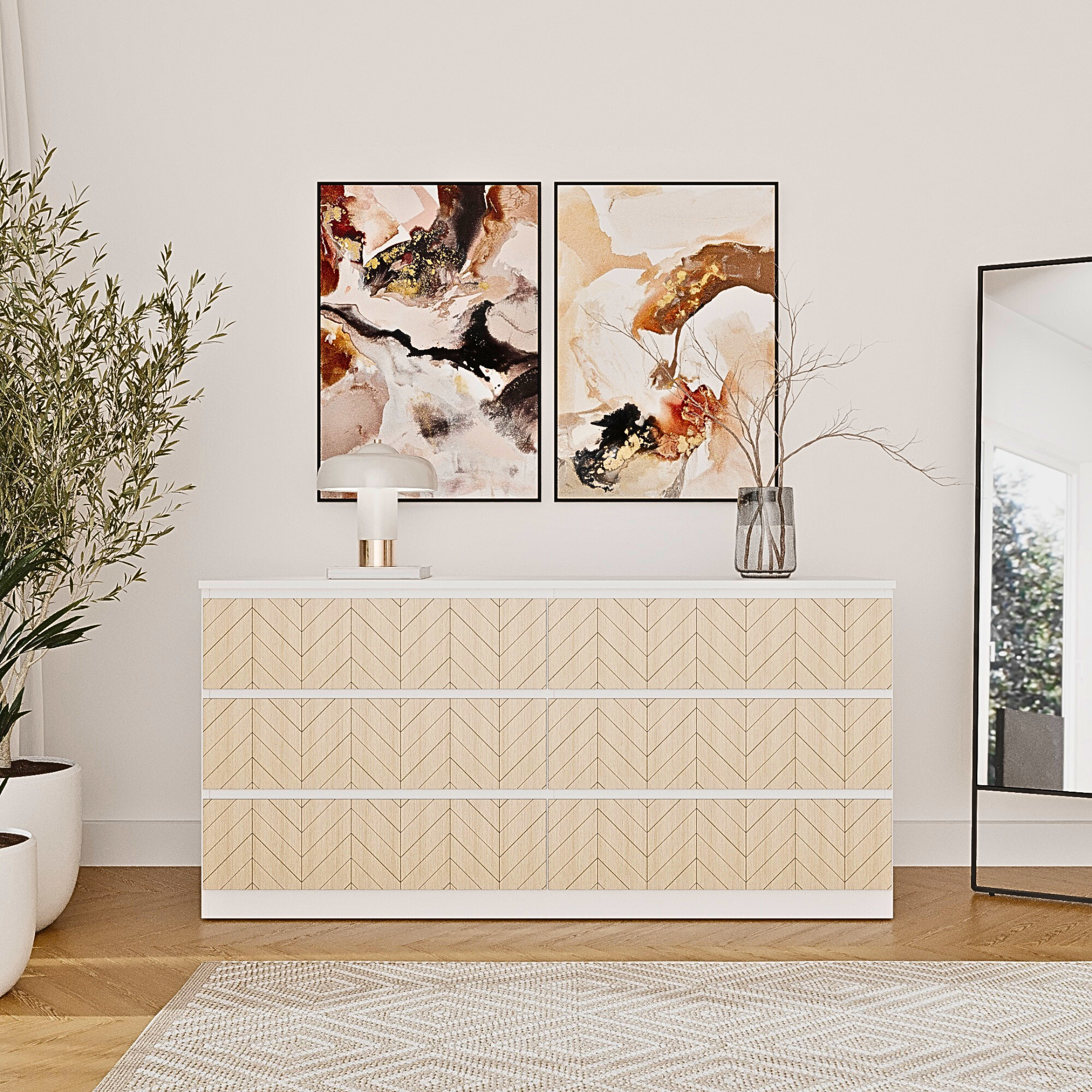 Overlay wooden panels for decorating ikea malm dresser with pattern