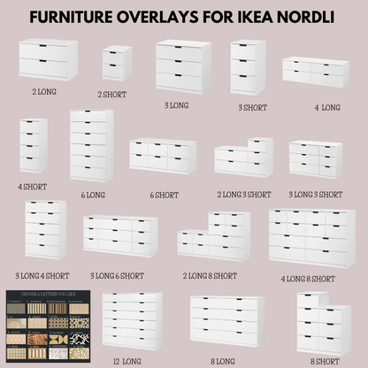 Overlay wooden panels for decorating ikea nordi dresser with pattern