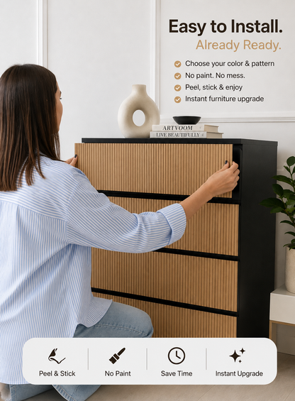 Woman installing a decorative panel on a piece of furniture with text highlighting ease of installation for ikea dresser. 