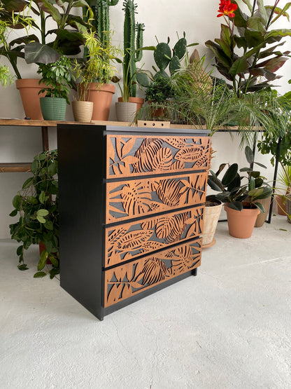 Overlay wooden panels for decorating ikea malm dresser with tropical pattern - Artvoom