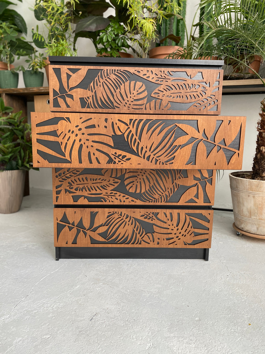 Overlay wooden panels for decorating ikea malm dresser witn tropical pattern