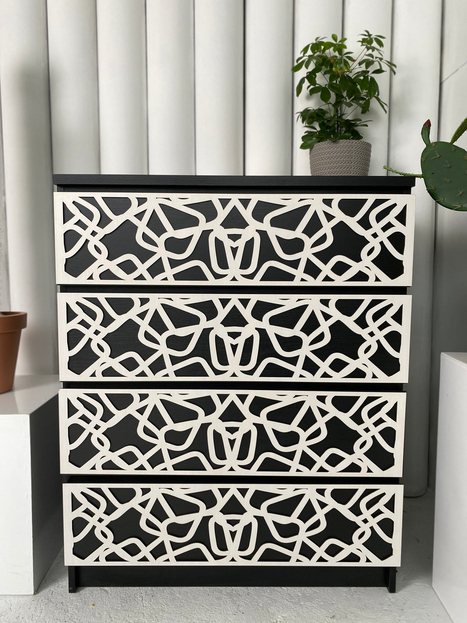 Overlay wooden panels for decorating ikea kullen dresser witn pattern