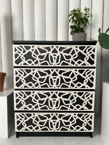 Overlay wooden panels for decorating ikea malm dresser with pattern