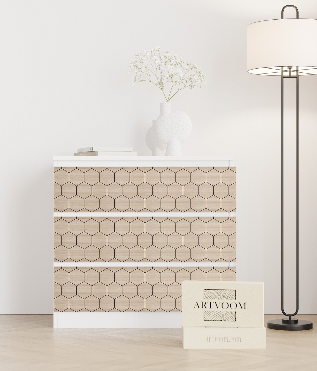 Decorative wooden overlay for ikea Malm furniture with hexagon pattern - Artvoom