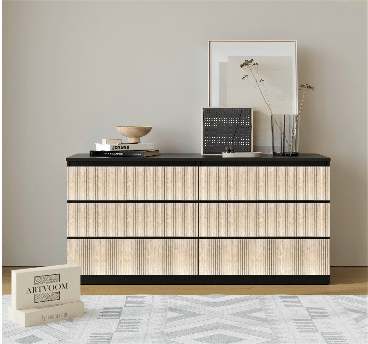 Overlay wooden slats panels for decorating ikea hemnes dresser with pattern