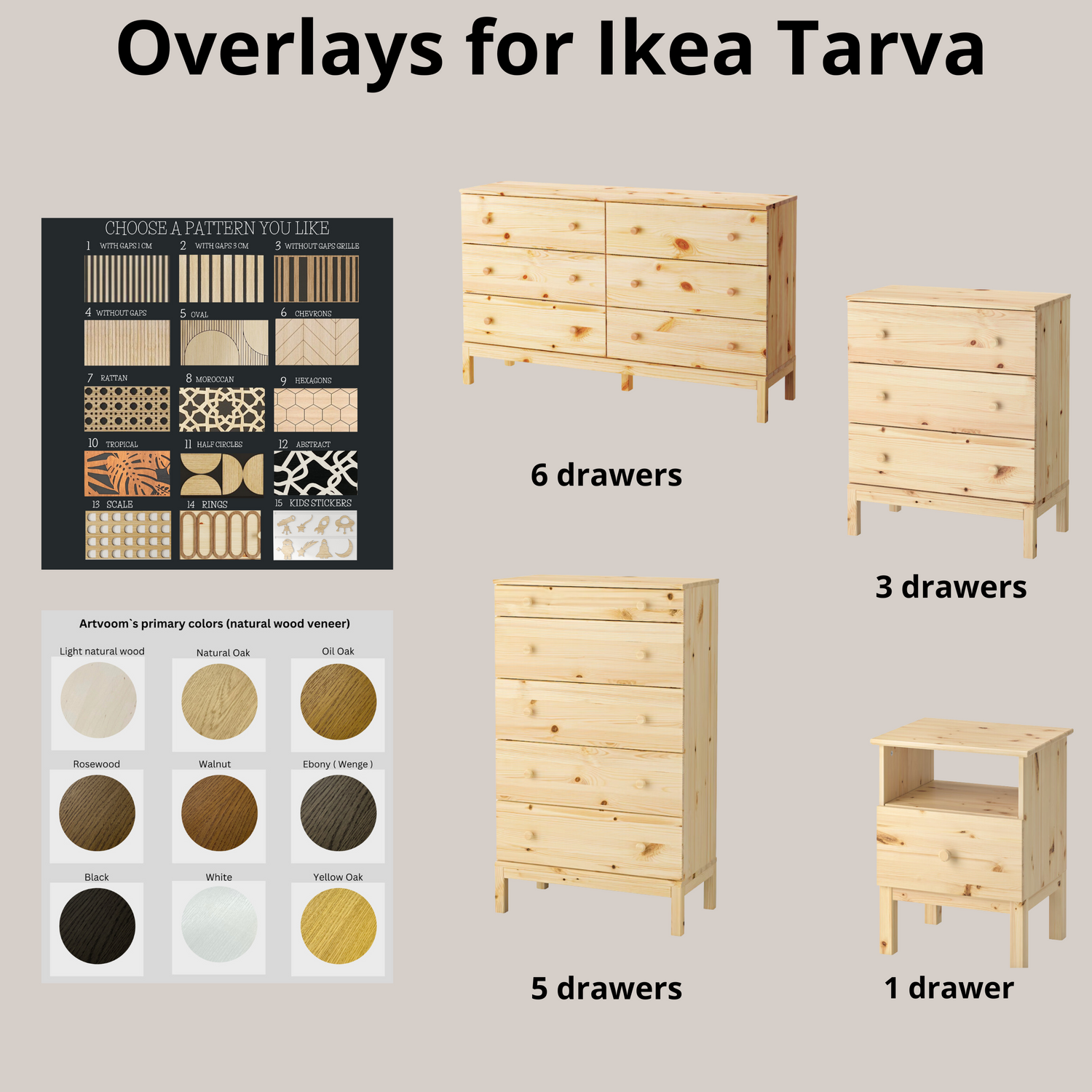 Overlay wooden panels for decorating ikea tarva dresser with pattern