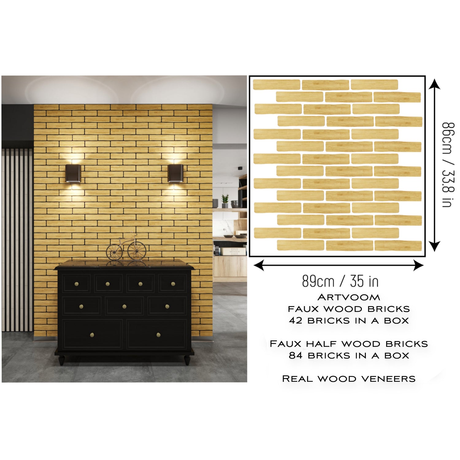 Real Wooden Walnut Faux Bricks for Wall Panels, 42 pcs in box. Artvoom Wall Decor - Artvoom