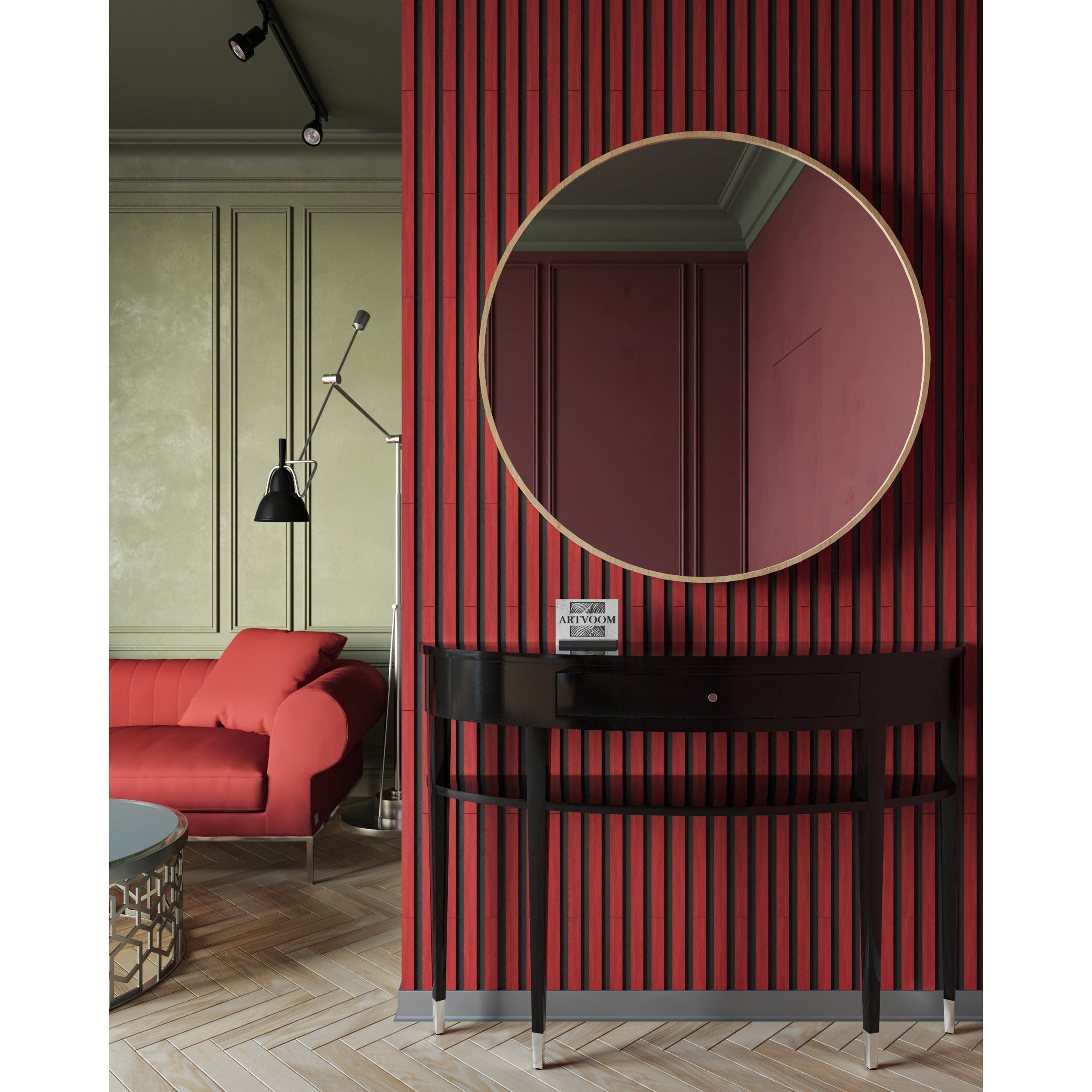 red living room design with wall slats planks 