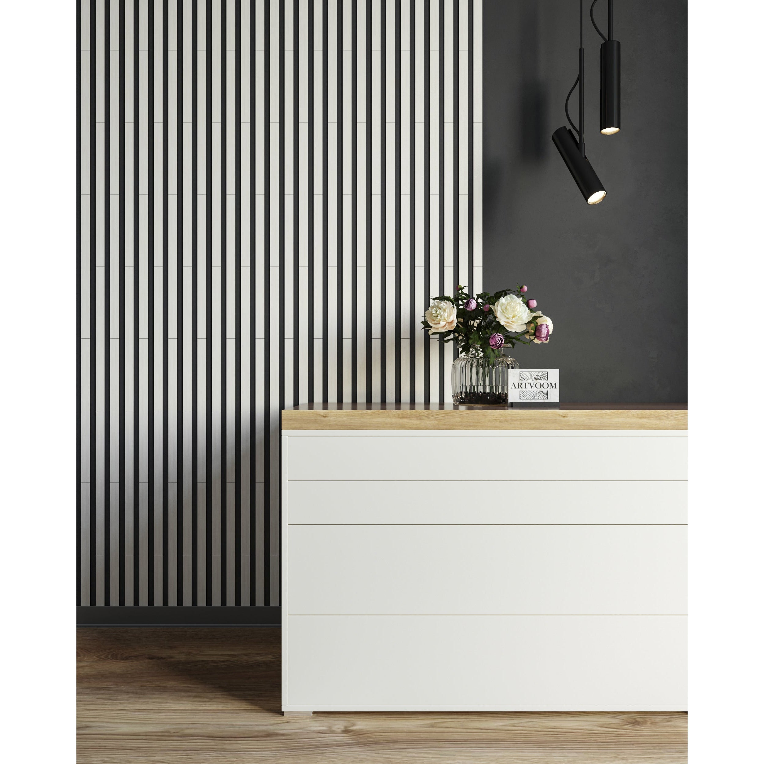 white wall decorations in space with black wall 